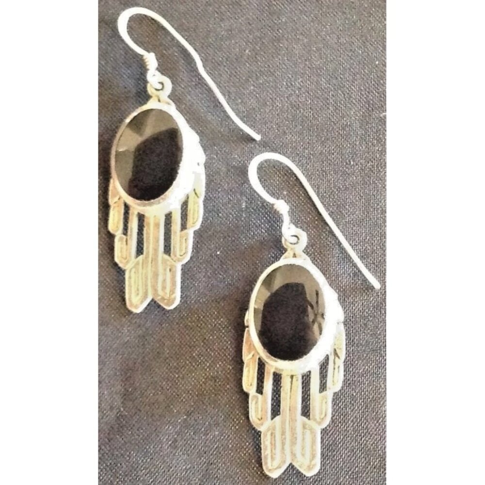 Sterling Silver Black Onyx Feather  Earrings  Feathers Dangling Southwestern